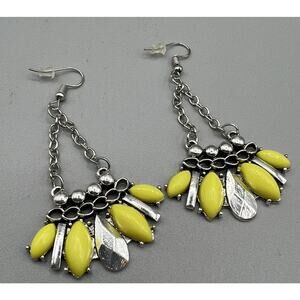 Jewelry Earrings Silver Tone Chain Beads Metal Acrylic Yellow Oval Stones 1.5"